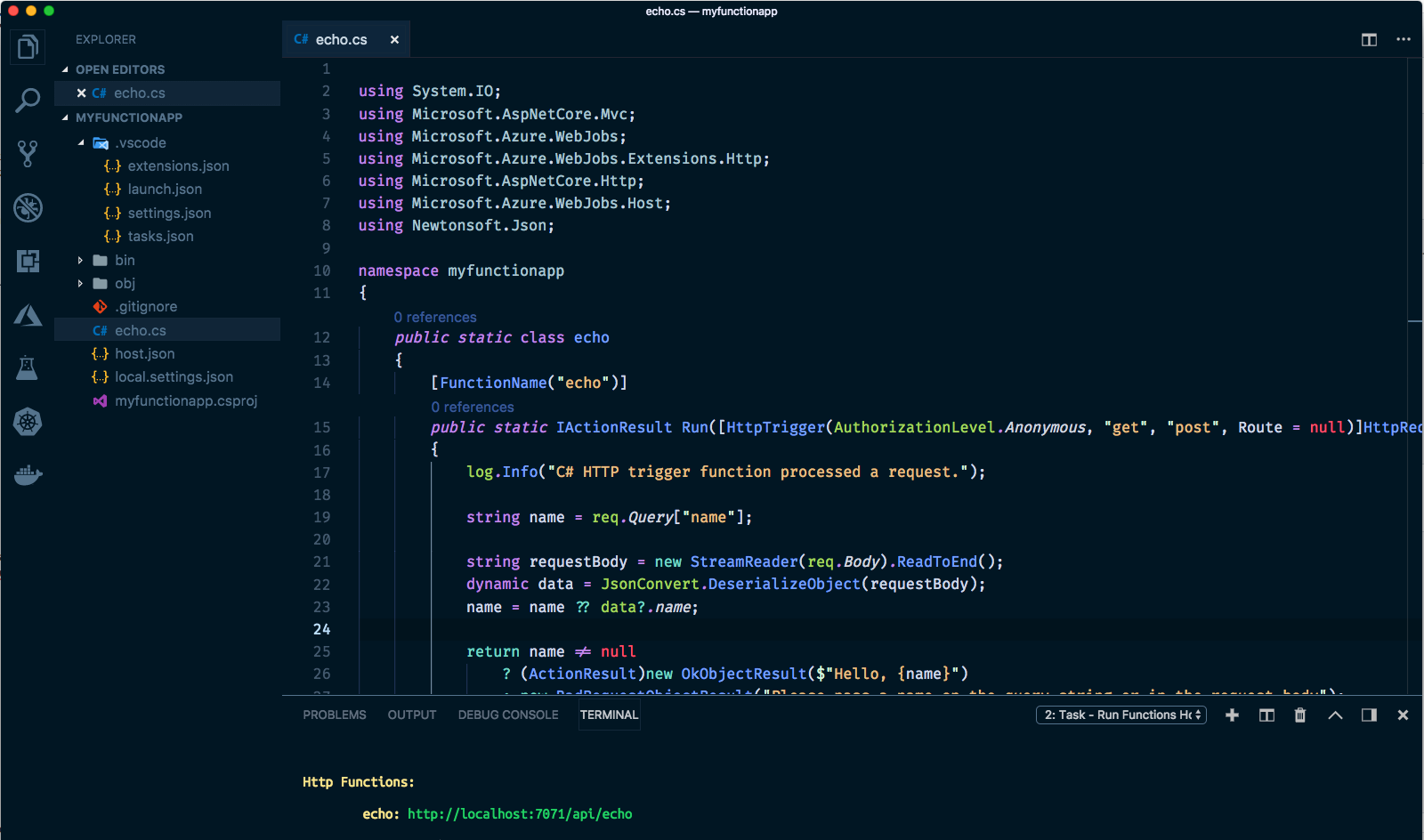VS Code Screenshot of new function app