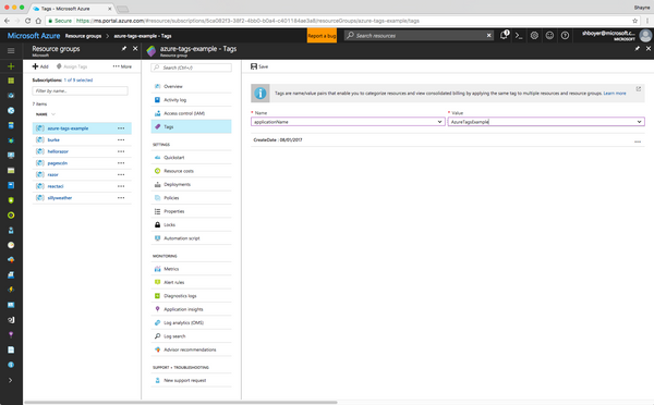 Organizing Azure resources with Tags